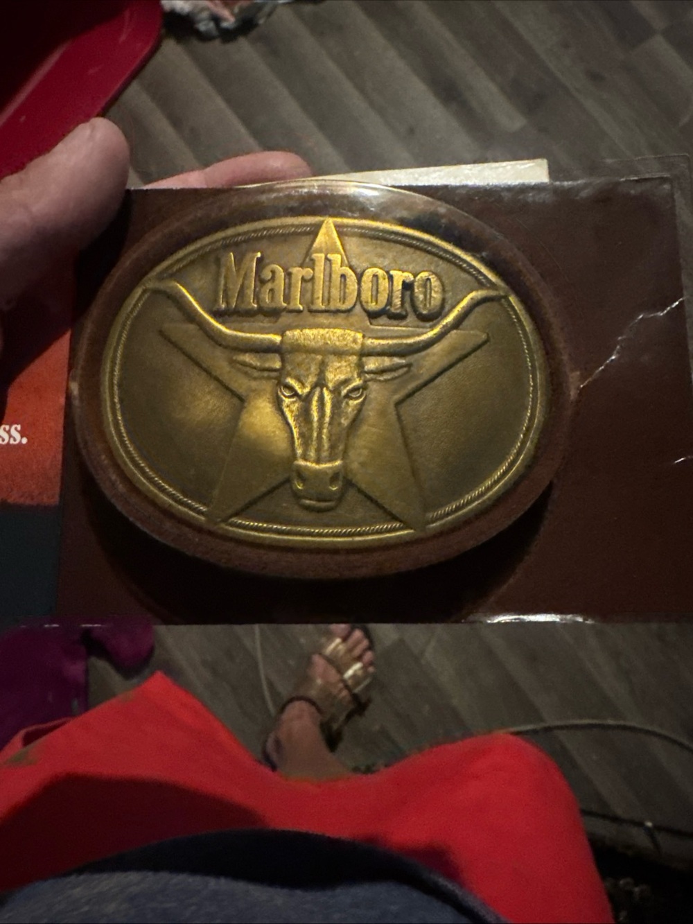 Marlboro Brass Longhorn Oval Belt Buckle on Brown Leather